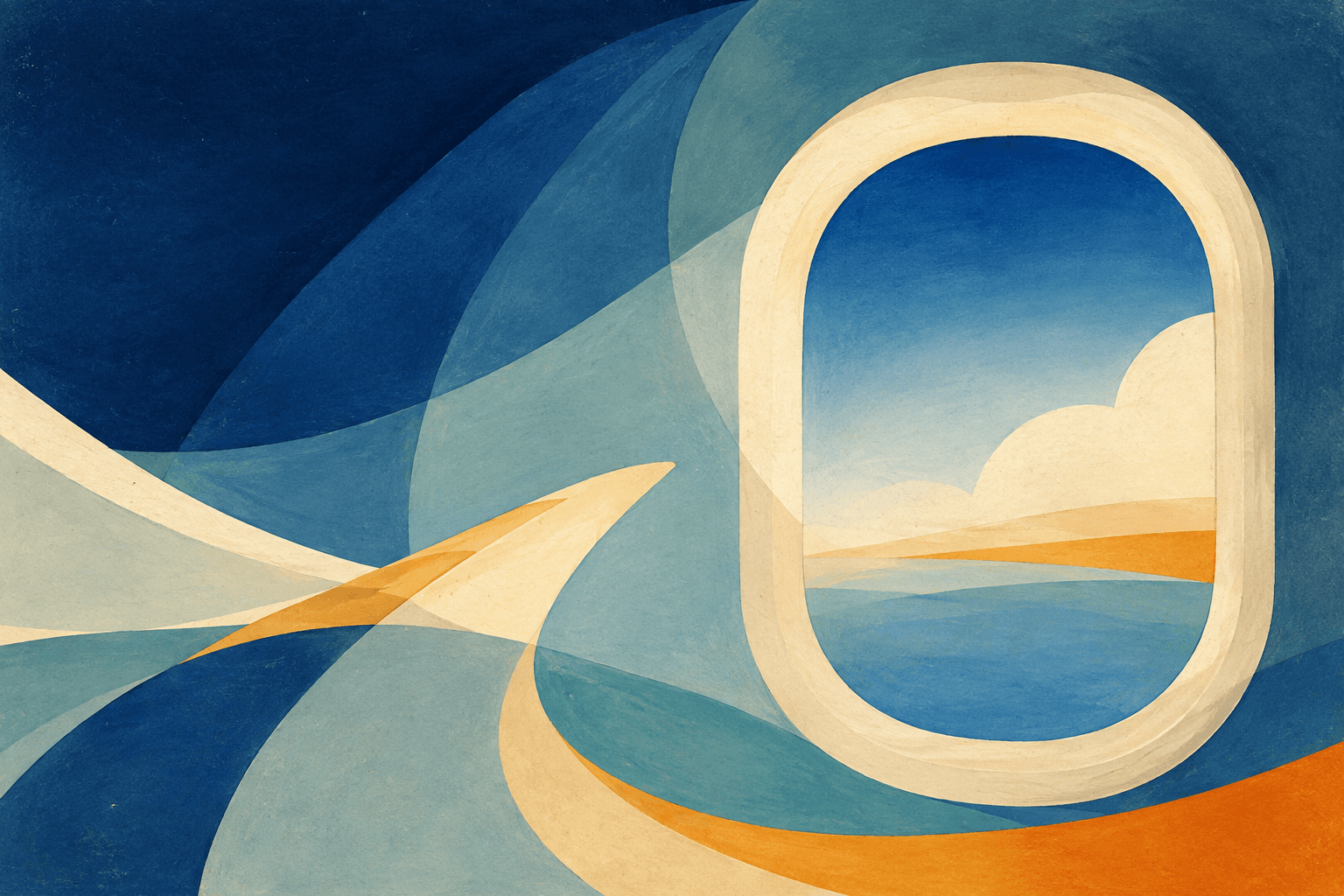 An abstract airline-window view with flowing blue, cream, and gold shapes framing the horizon