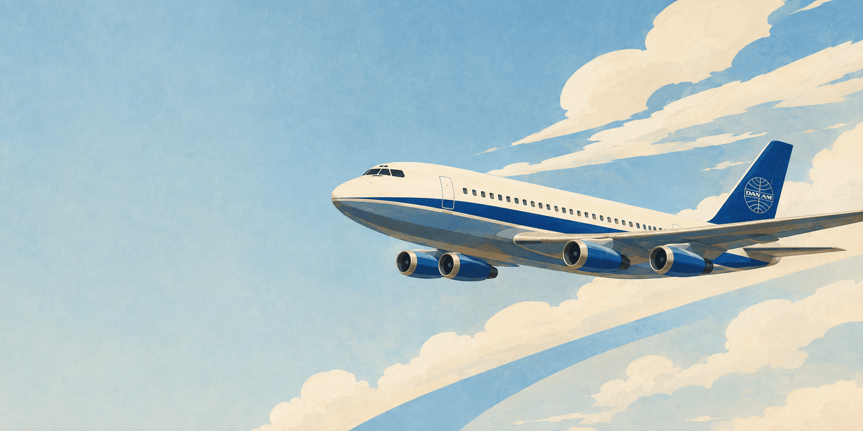 A blue and cream Dan Am jet above sweeping clouds, illustrated in the style of a vintage airline travel poster