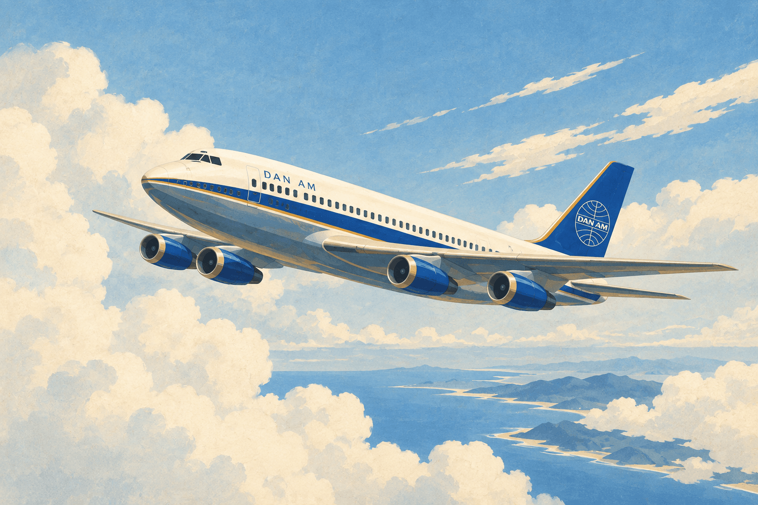 The cream, blue, and gold Dan Am Skyliner soaring over a coastline and sweeping clouds in a vintage travel-poster illustration