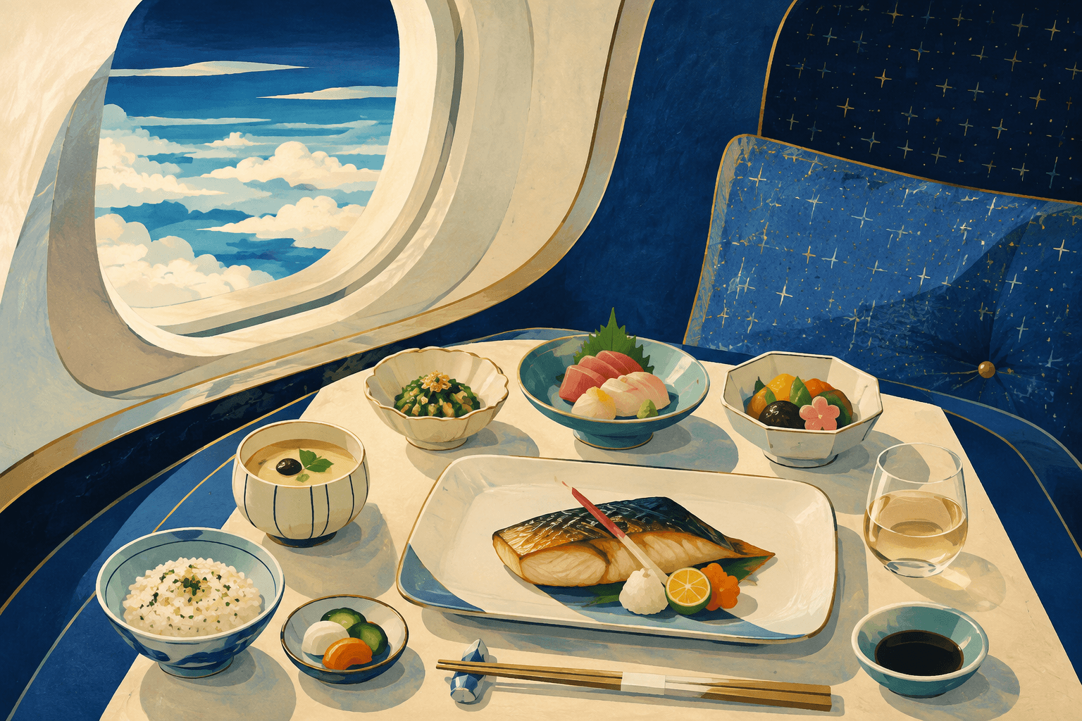 A retro illustration of a Japanese-inspired meal served in cream tableware beside a Dan Am cabin window.