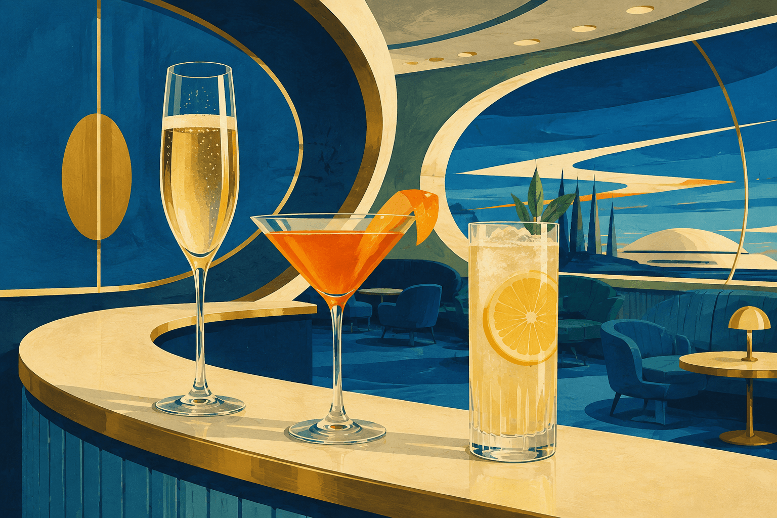 An illustrated Champagne flute, orange cocktail, and alcohol-free citrus drink on a curved blue and gold lounge bar.