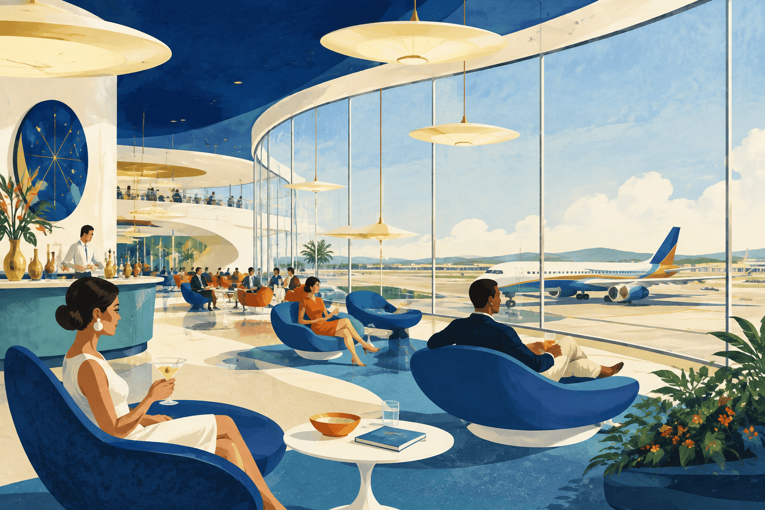 A space-age illustration of the Dan Am Lounge, with sculptural blue chairs, sweeping windows, and travelers enjoying welcome drinks.